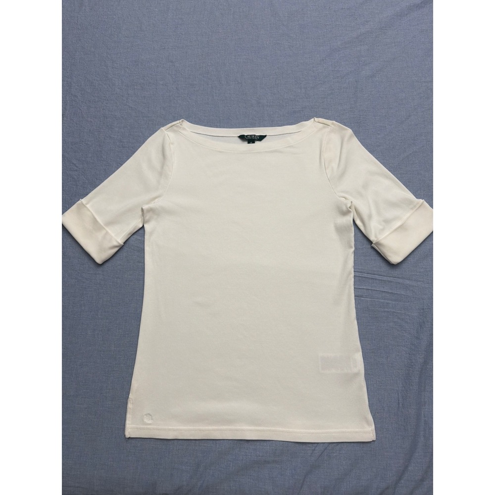 Lauren Ralph Lauren Cream White Boat Neck Elbow Sleeve Knit Top Medium